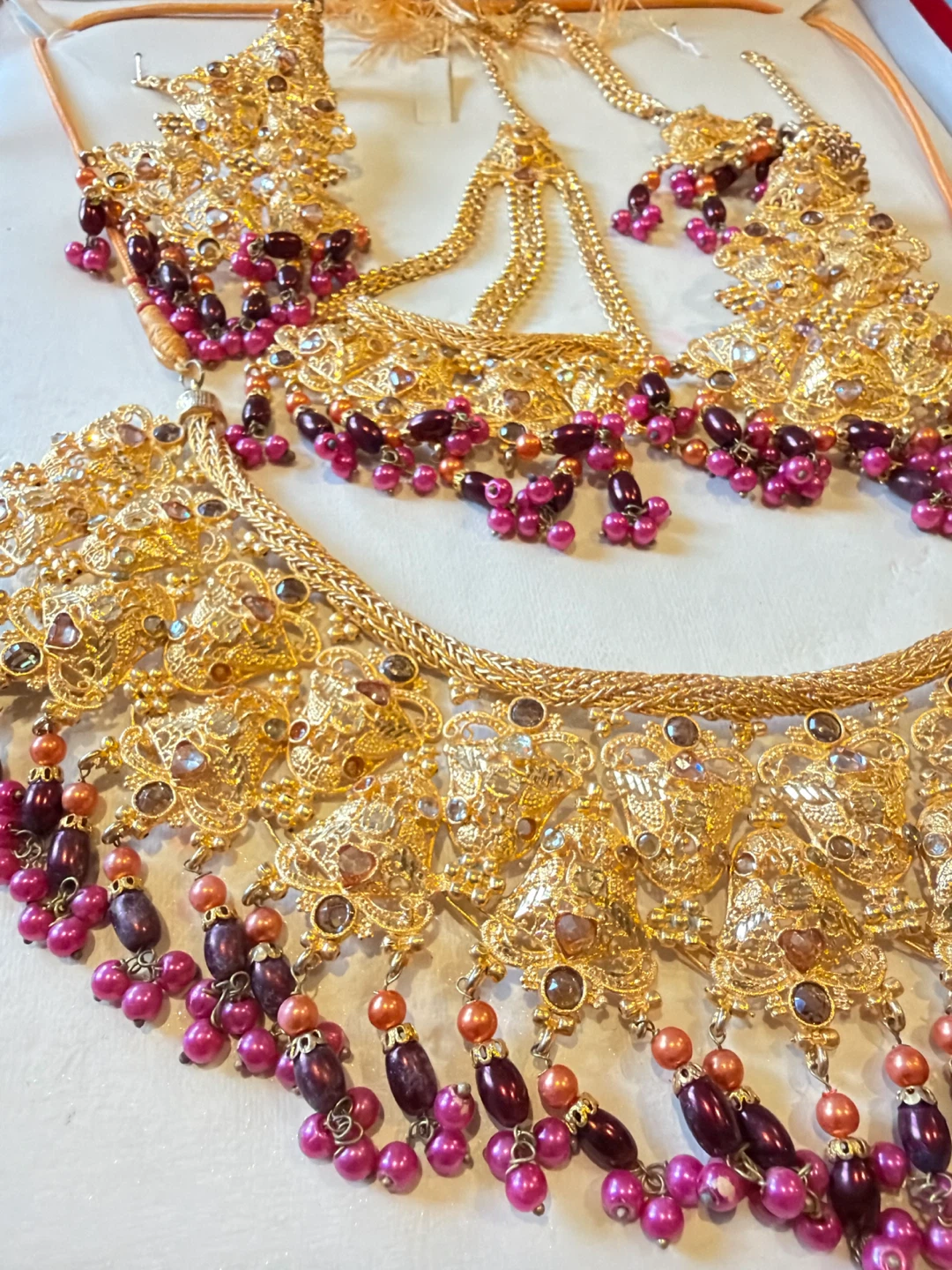Gold Necklace and Earrings Set with Pink and Purple Beads - photo 2
