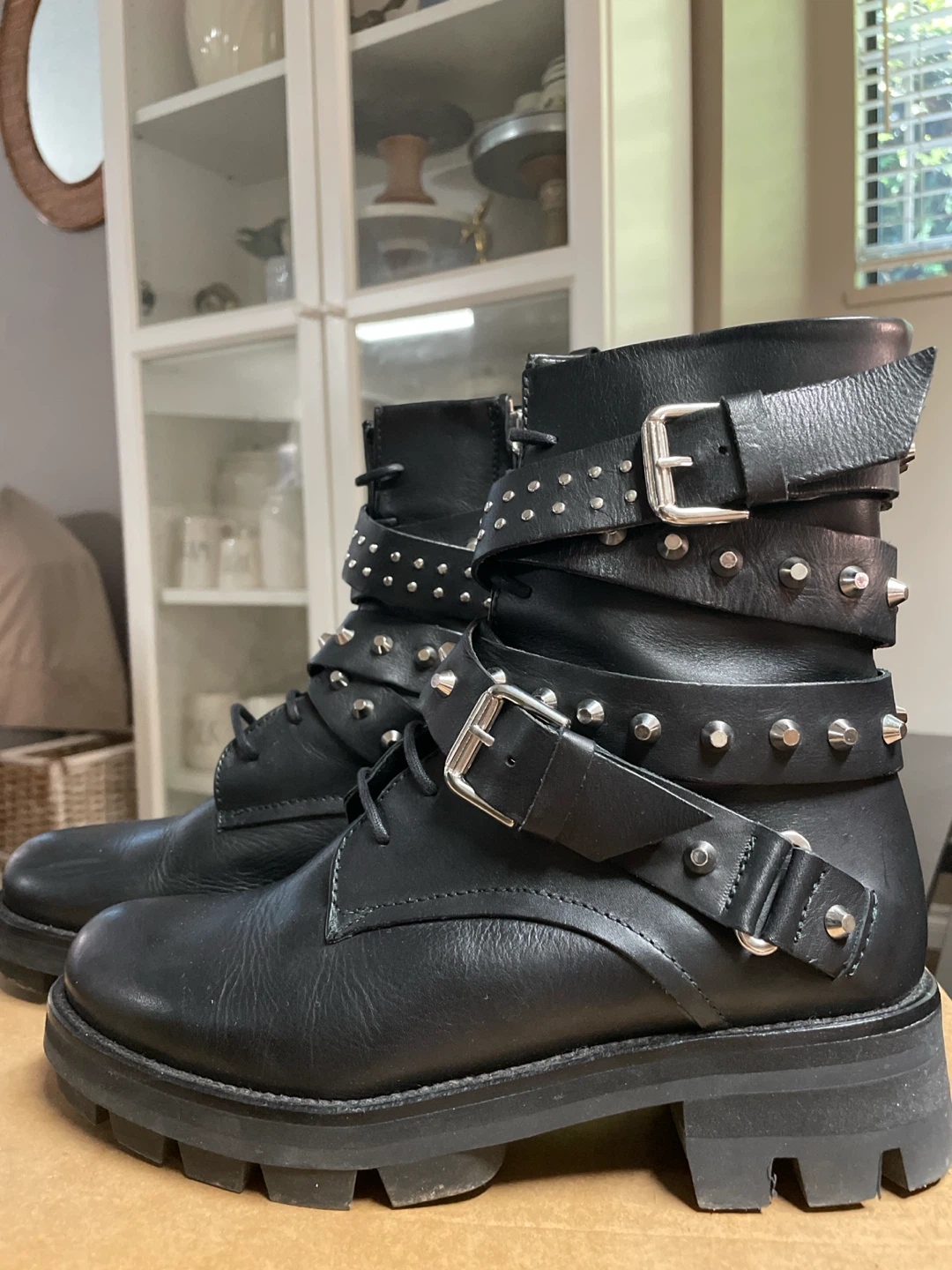 ZARA- BLACK STUDDED BUCKLE COMBAT BOOTS