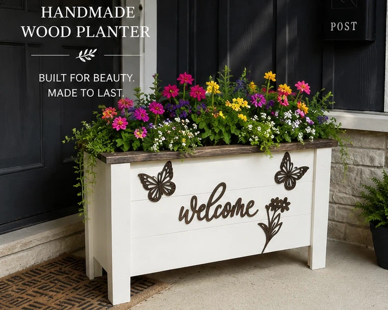 Handmade Wood Planter Box with Welcome Design