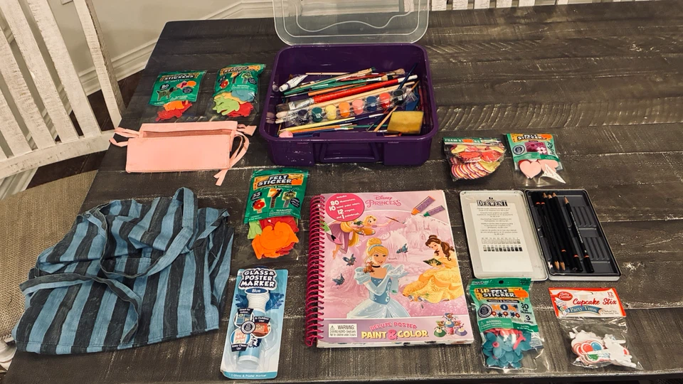 Kids painting/art supplies, paint, art pencils, apron & more