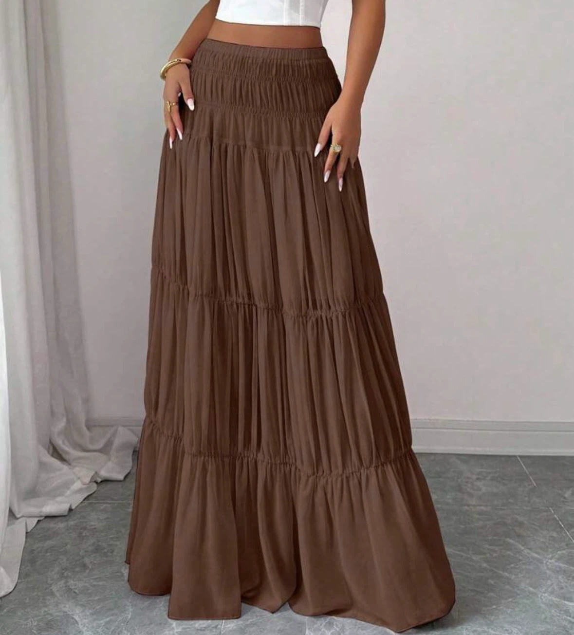 Brown Tiered Maxi Skirt
