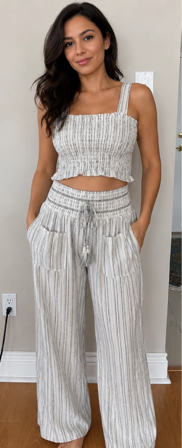 Women's Striped Smocked Crop Top & Wide Leg Pants Set