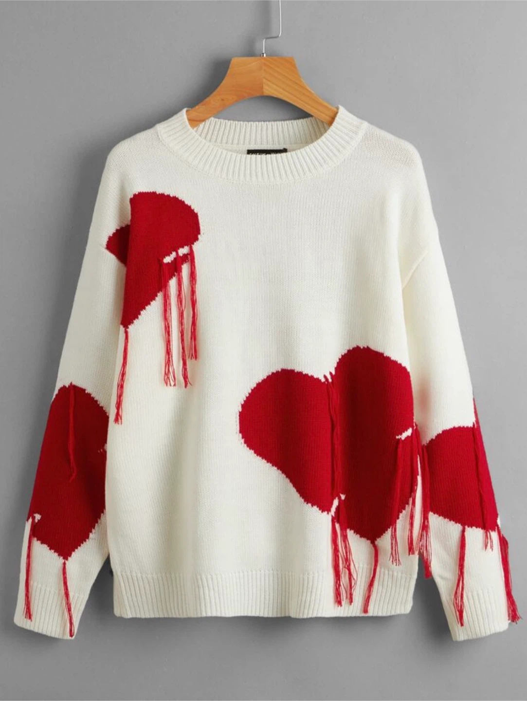 White Sweater with Red Hearts and Tassels