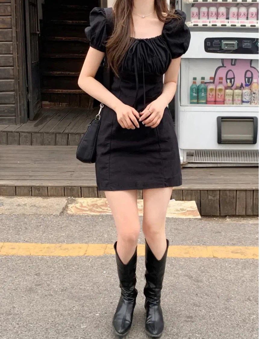 Black Puff Sleeve Square Neck Mini Dress
