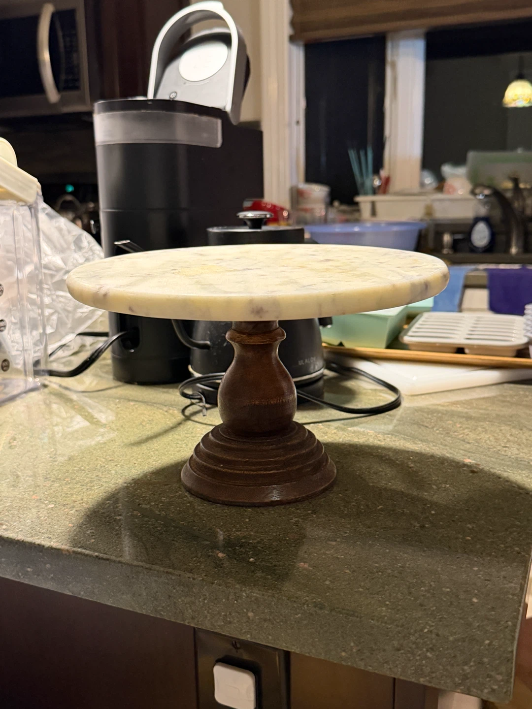 Marble Cake Stand with Wooden Pedestal