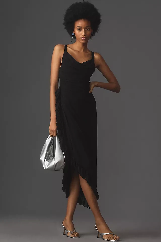 Anthropologie Black Ruched Ruffle Midi Dress Size S
