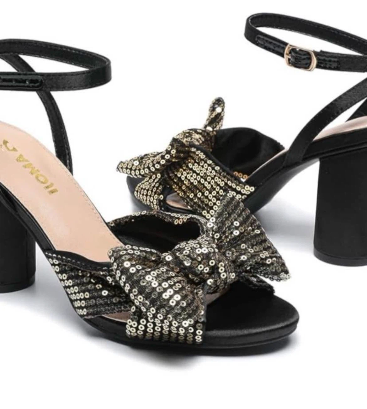 Amoji Black & Gold Sequin Bow Heels