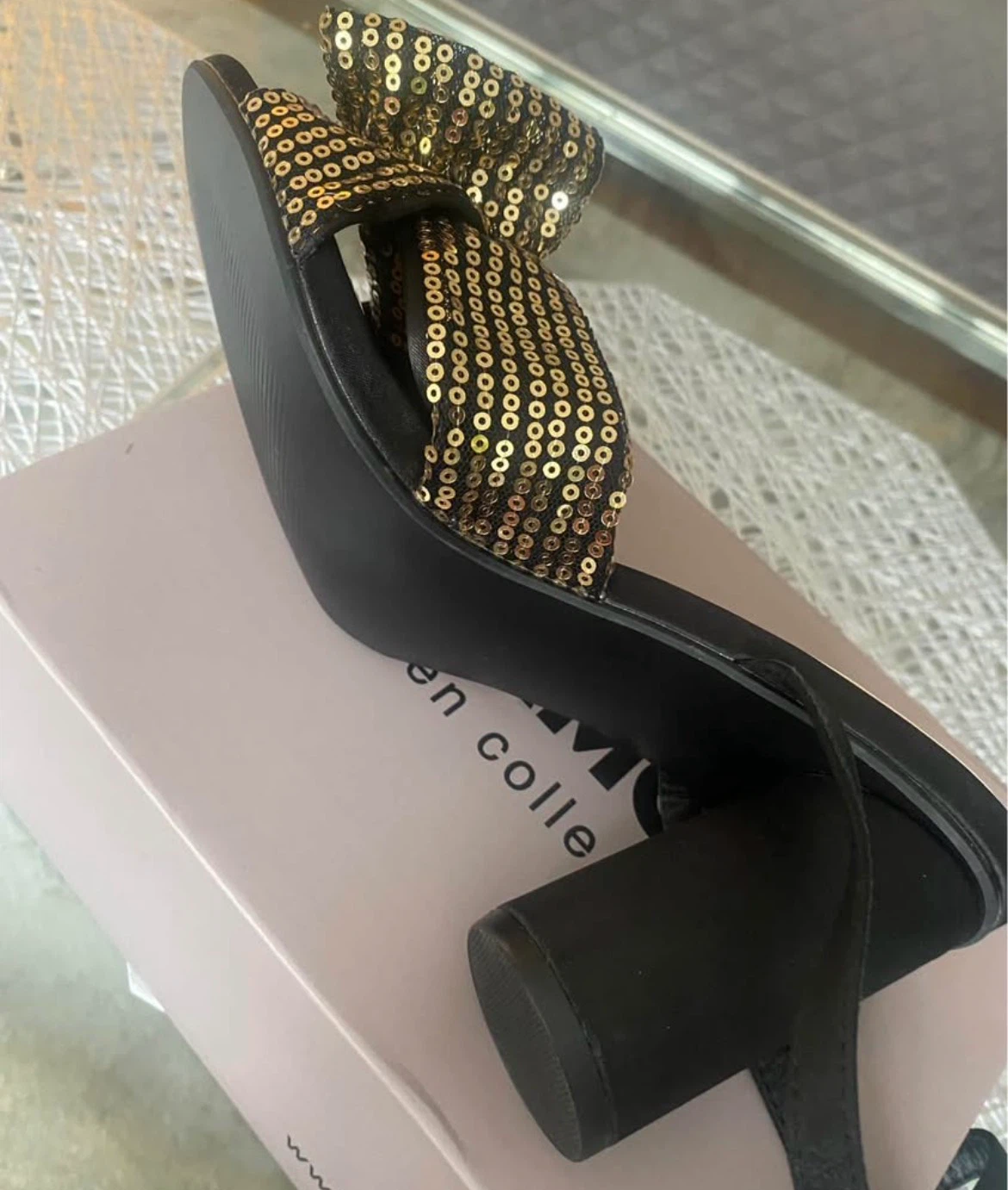 Amoji Black & Gold Sequin Bow Heels - photo 2