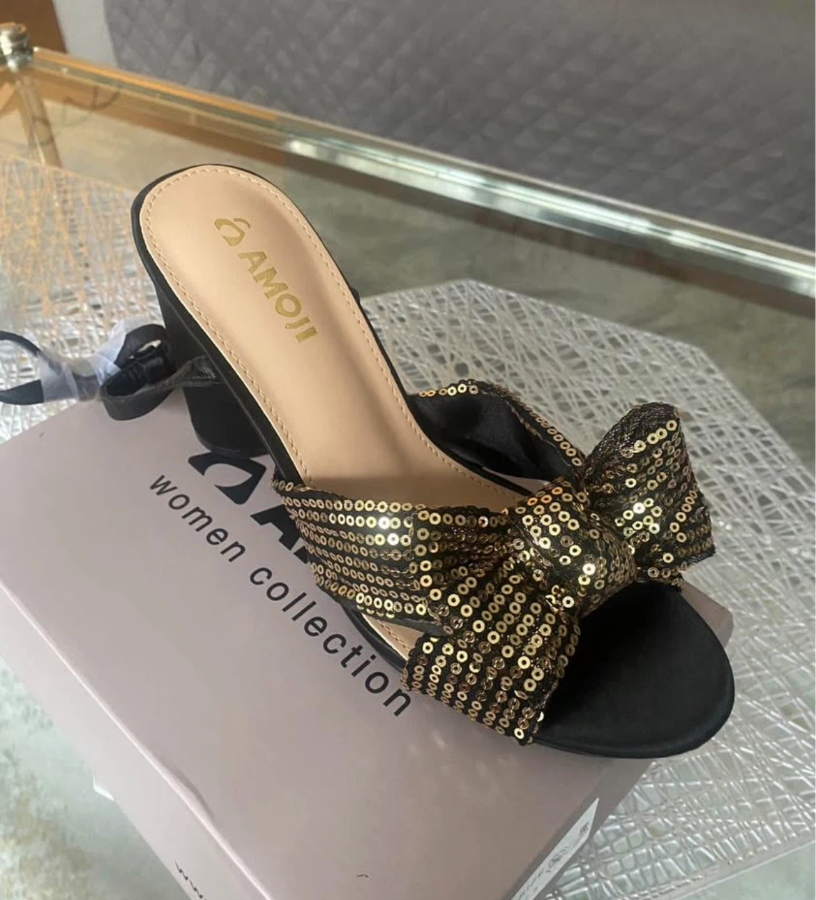 Amoji Black & Gold Sequin Bow Heels - photo 3