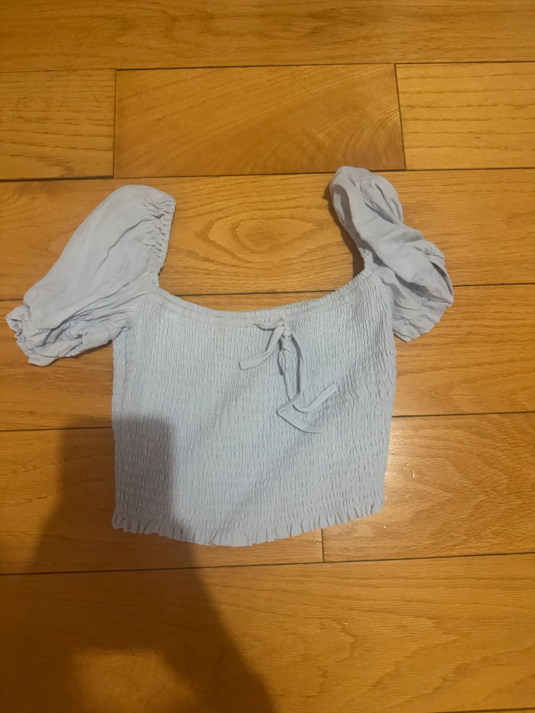 Wilfred Light Blue Smocked Puff Sleeve Crop Top