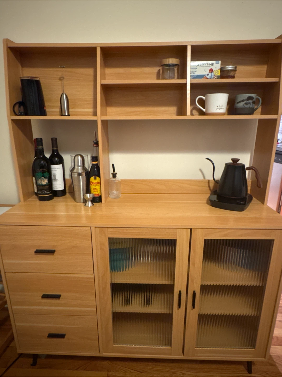 Light Wood Bar Cabinet with Glass Doors