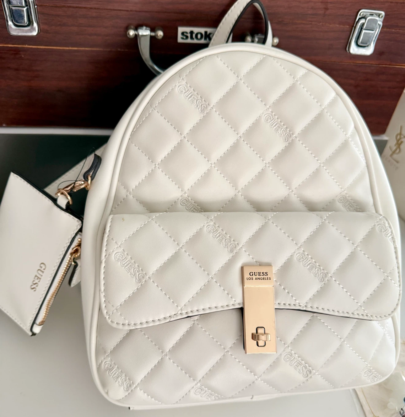 New White GUESS Quilted Backpack