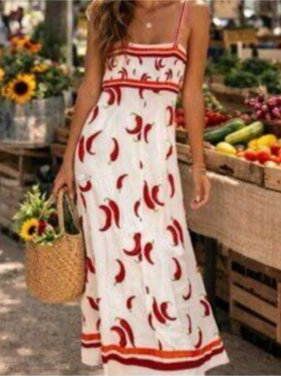 Rachel Zoe Chili Pepper Print Linen Blend Maxi Dress
