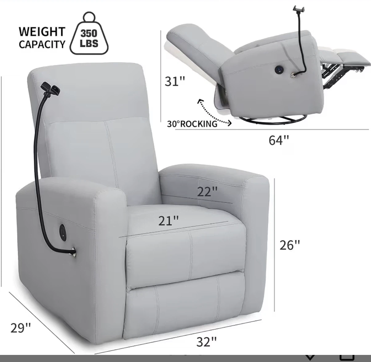 Gray Recliner Chair with Rocking Function