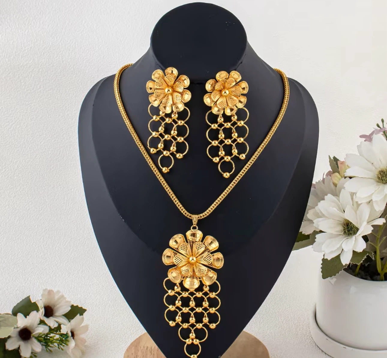 Gold Flower Pendant Necklace and Earring Set