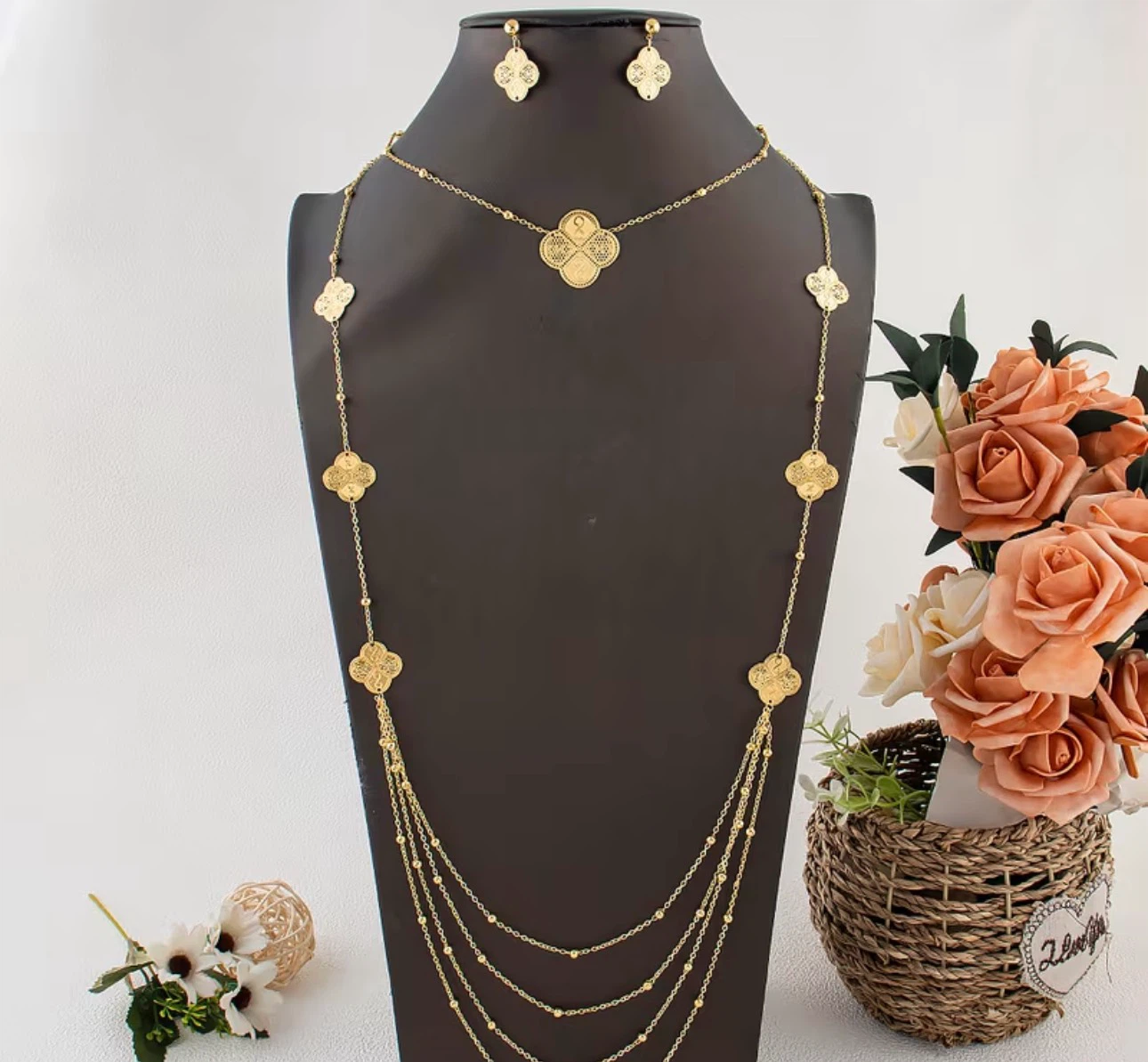 Gold Clover Necklace and Earring Set