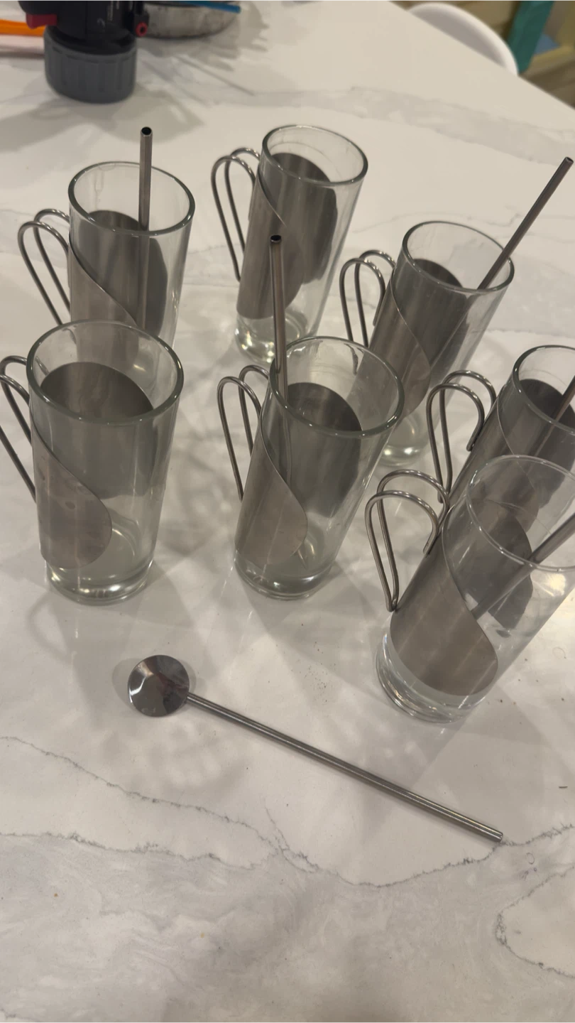 Set of 7 Glass Espresso Cups with Metal Holders and Spoons