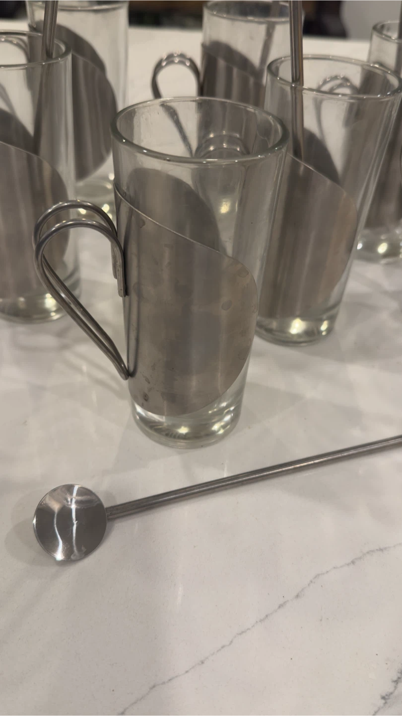 Set of 7 Glass Espresso Cups with Metal Holders and Spoons - photo 2