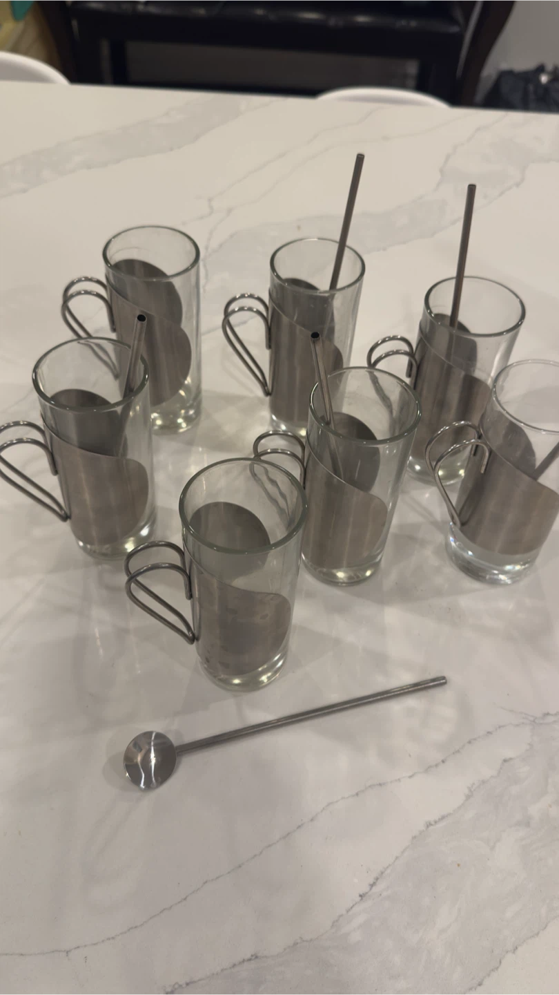 Set of 7 Glass Espresso Cups with Metal Holders and Spoons - photo 3