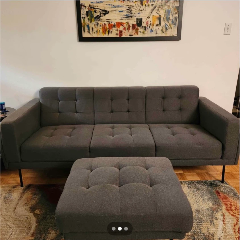 Grey Tufted Sofa with Ottoman