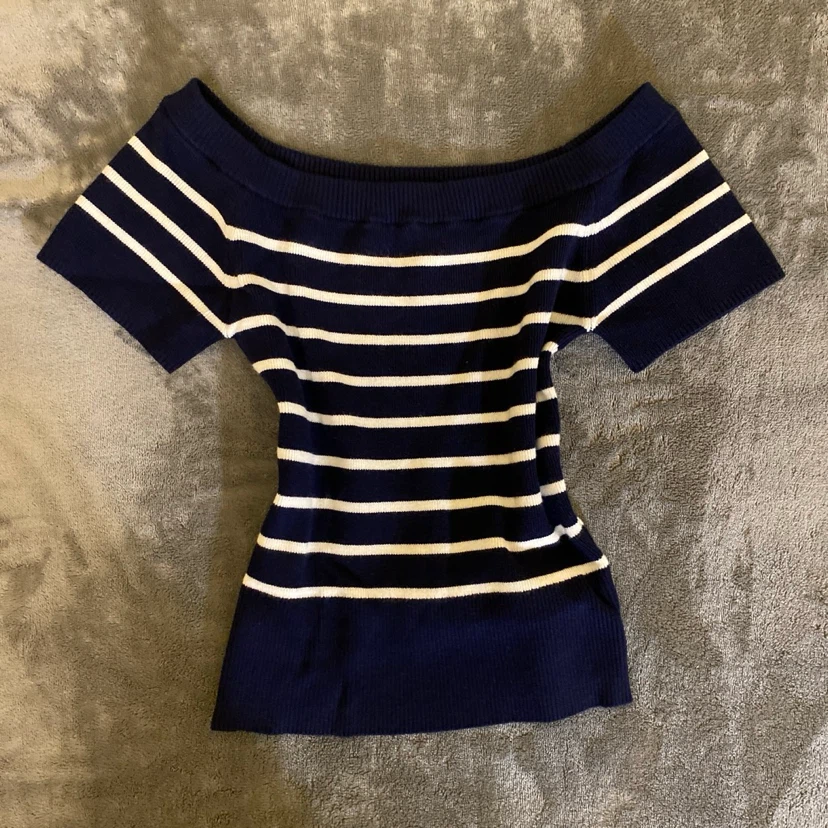 GARAGE Navy and White Striped Off-the-Shoulder Short Sleeve