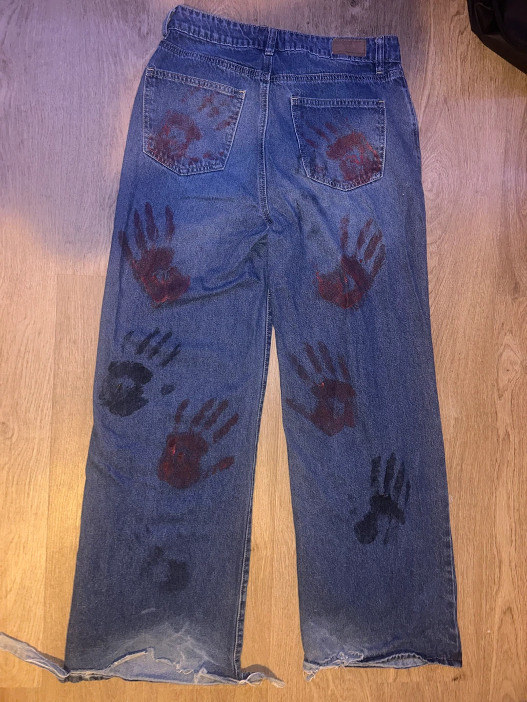 Wide leg blue jeans with DIY hand prints - photo 2