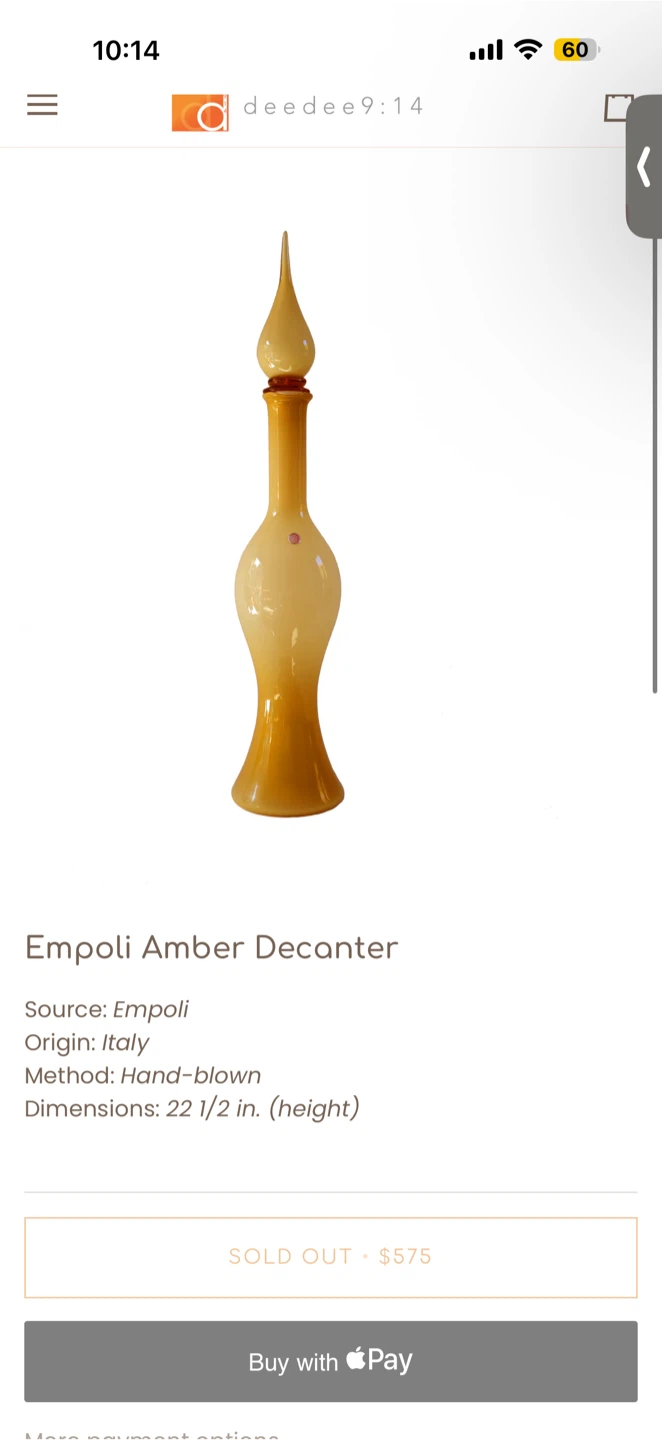 VTG Italian Empoli 2-Tone Butterscotch Amber Genie Glass Bottle