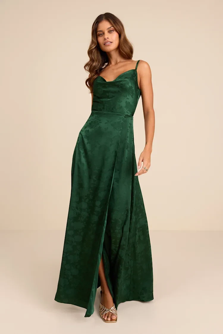 Emerald Green Satin Floral Jacquard Maxi Dress