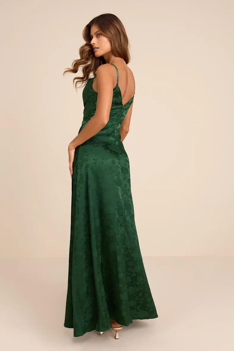 Emerald Green Satin Floral Jacquard Maxi Dress - photo 2
