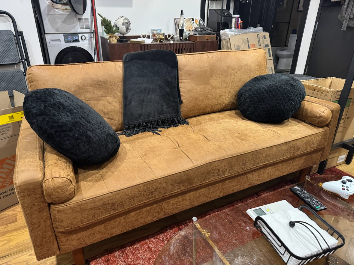 Tan Faux Leather Sofa with Tufted Cushions