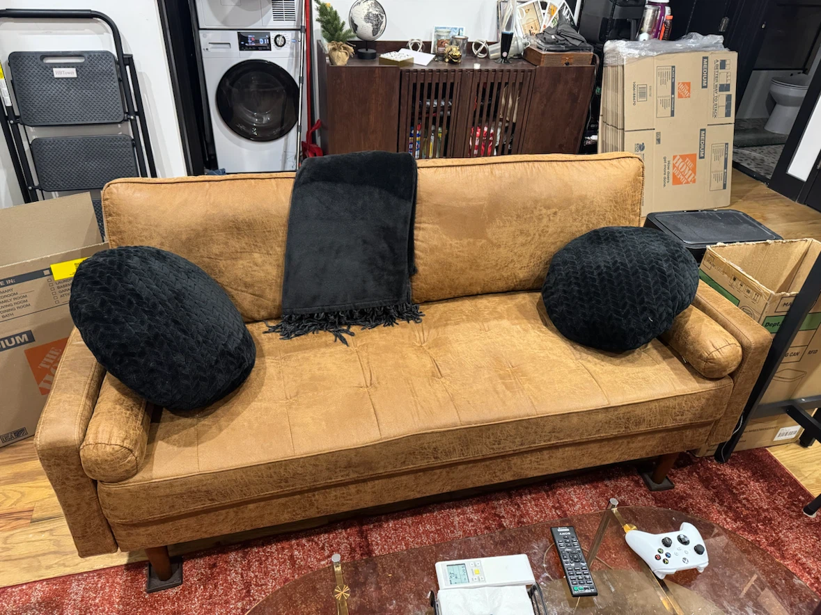 Tan Faux Leather Sofa with Tufted Cushions - photo 2