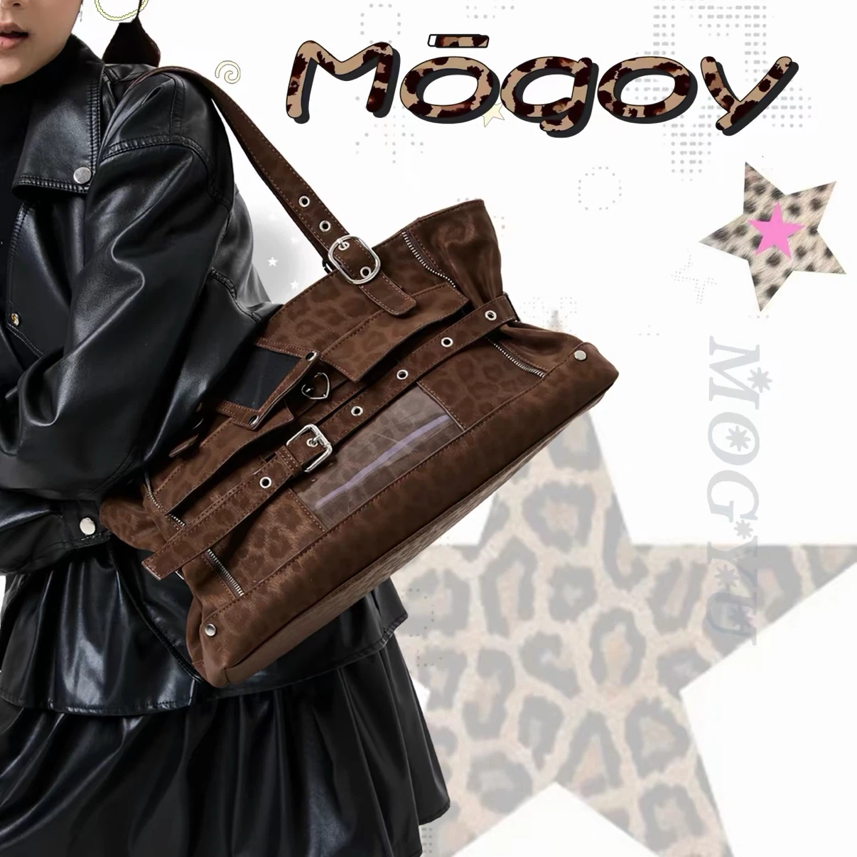 Mogoy Brown Leopard Print Tote Bag