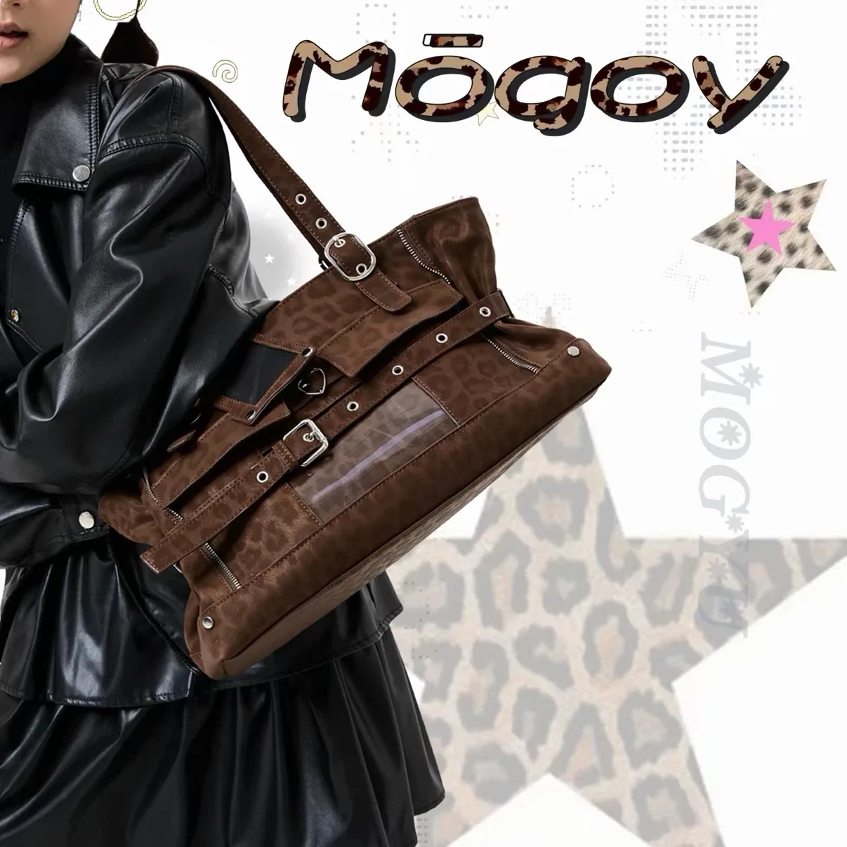 Mogoy Brown Leopard Print Tote Bag