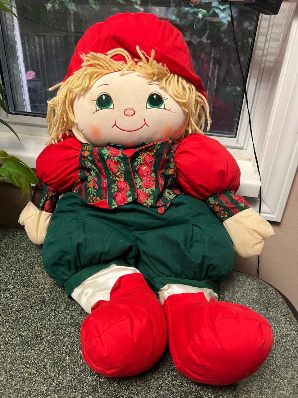 Large Stuffed Doll with Red Hat and Green Pants