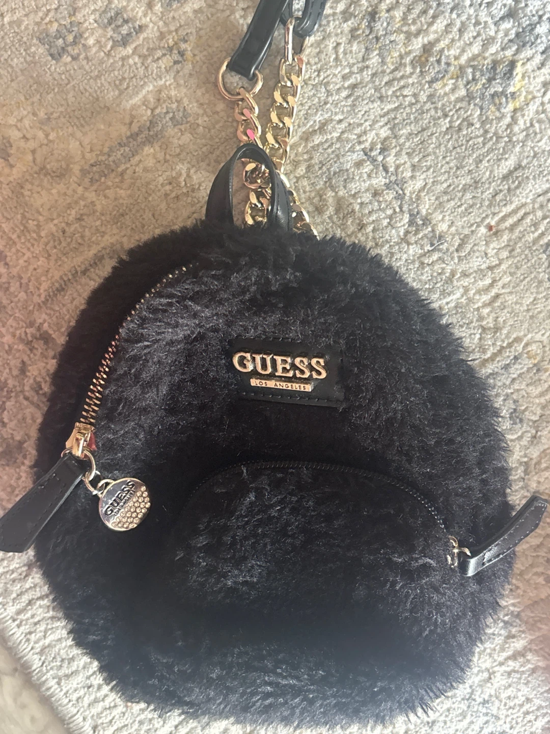 GUESS Black Faux Fur Mini Backpack Crossbody
