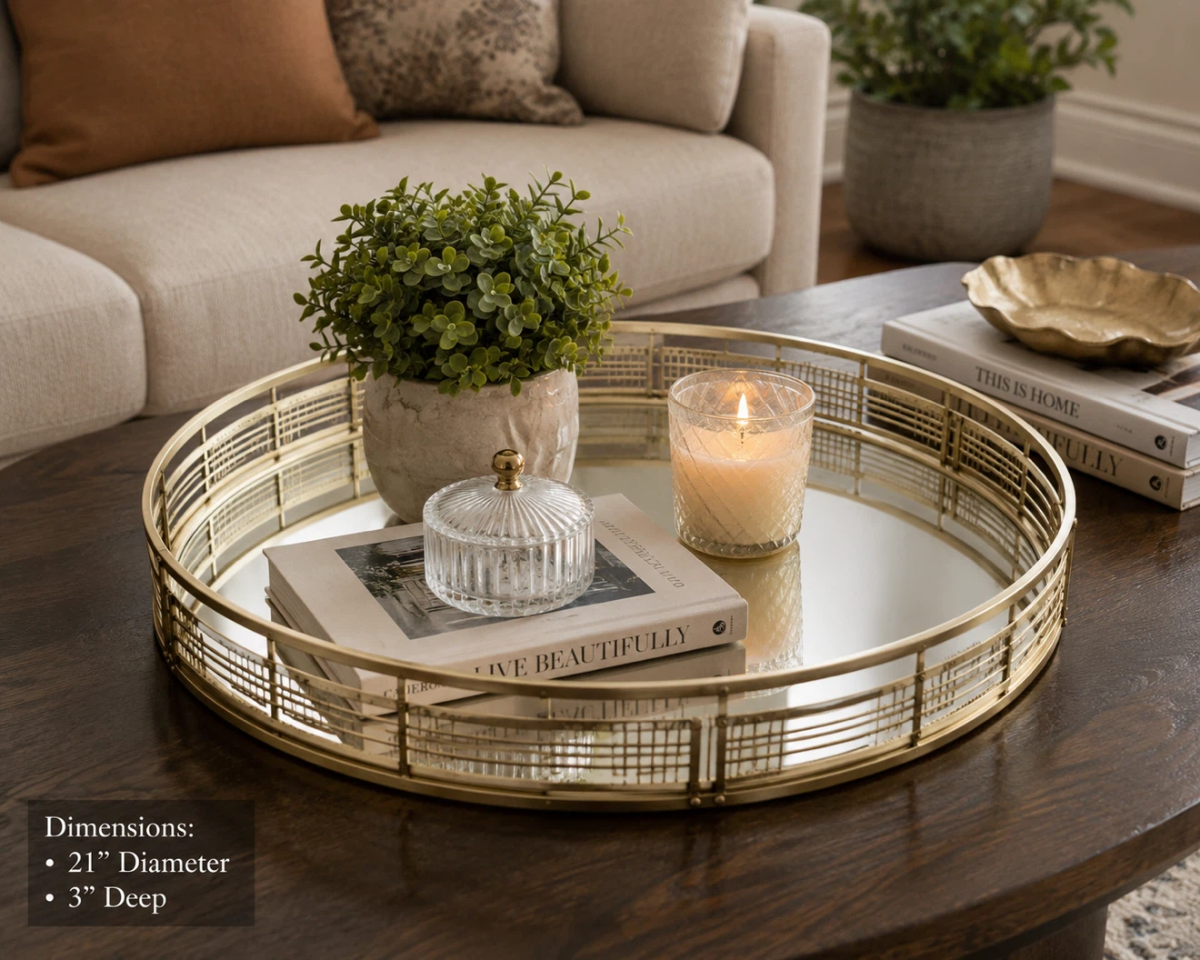 VTG Gold Round Mirrored Coffee Table Accent Tray–Heavy