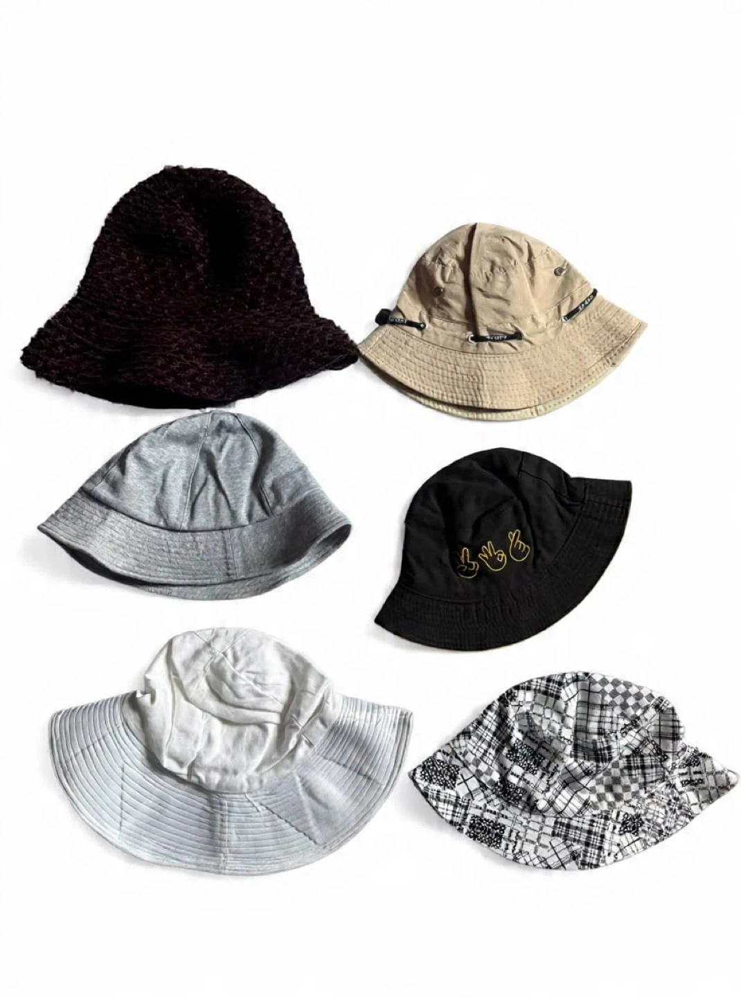 Assorted Bucket Hats - Black, Tan, Grey, White, Patterned