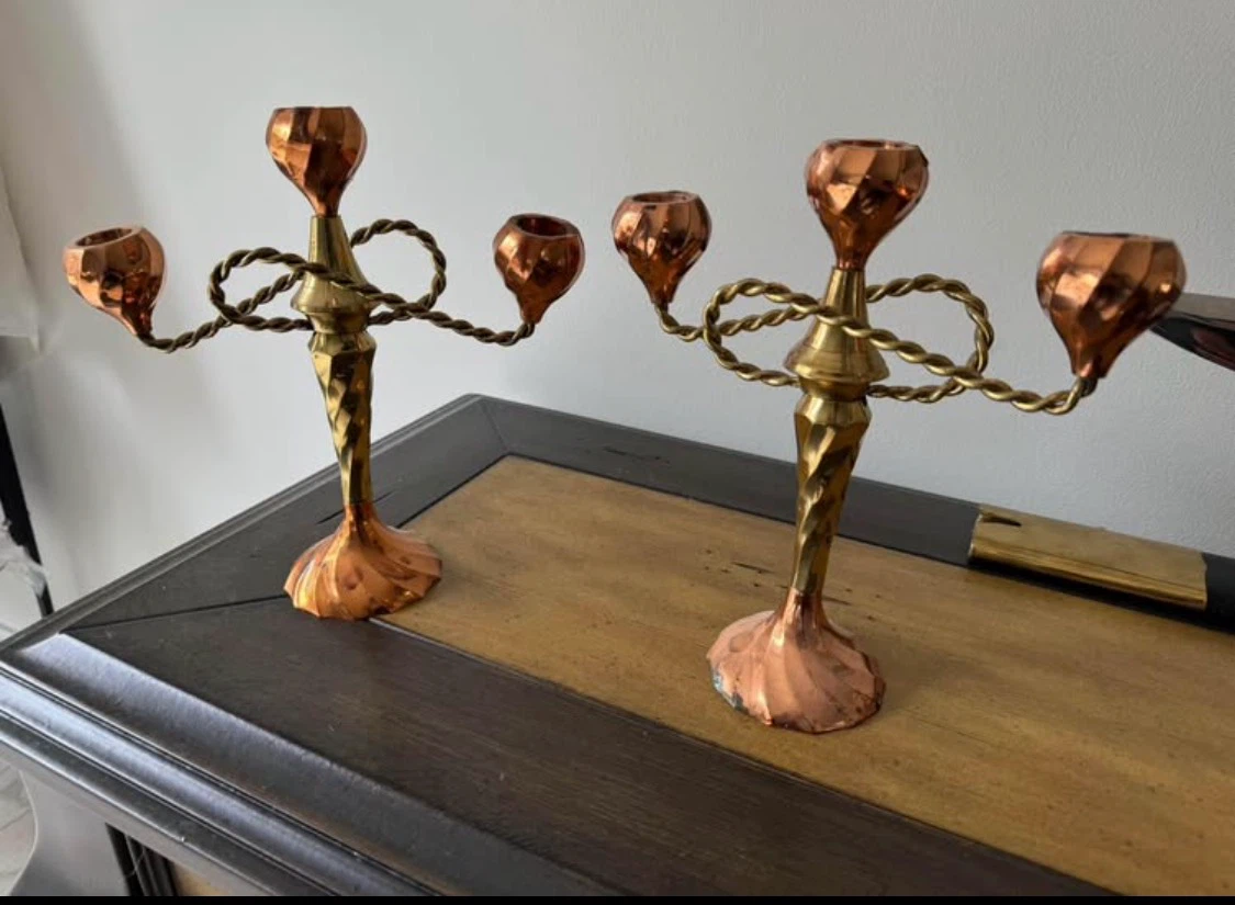 Pair of Copper and Brass Candelabras