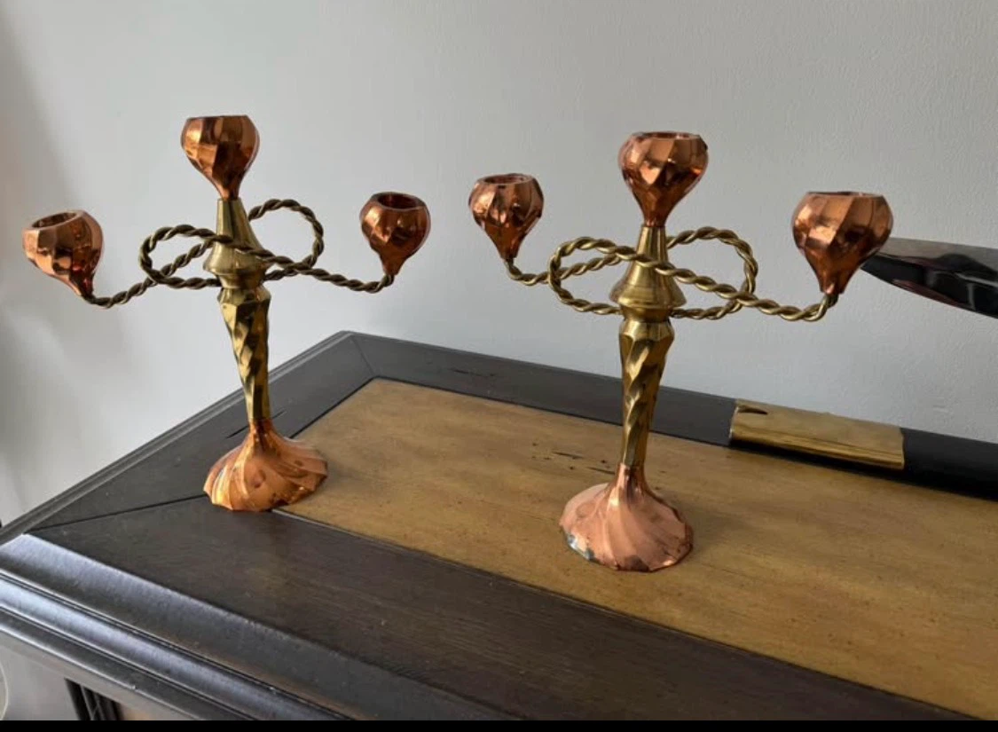 Pair of Copper and Brass Candelabras - photo 3