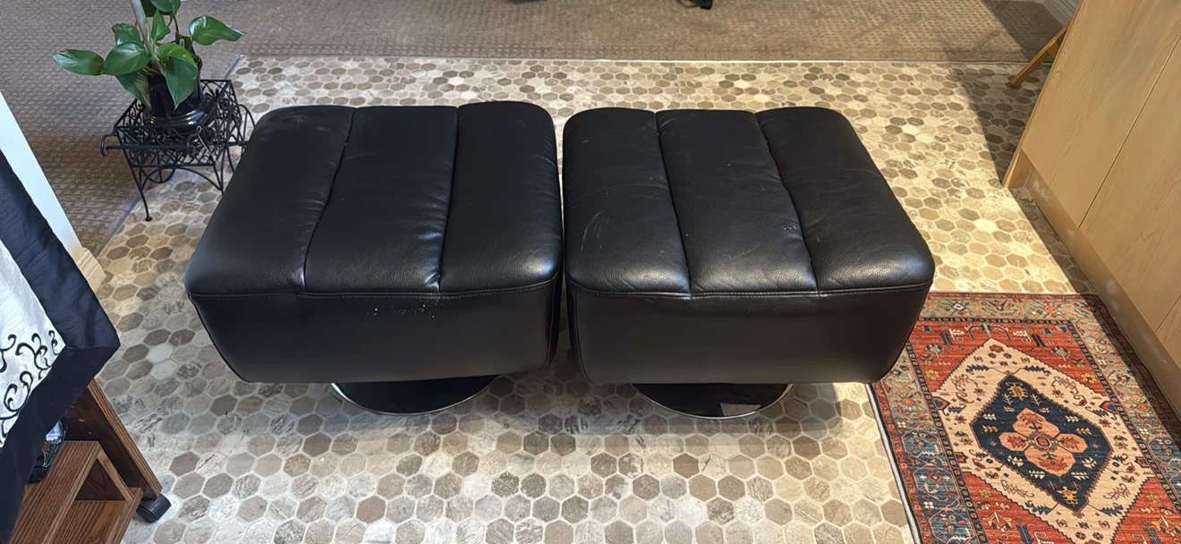 Black Leather Ottomans (Set of 2)