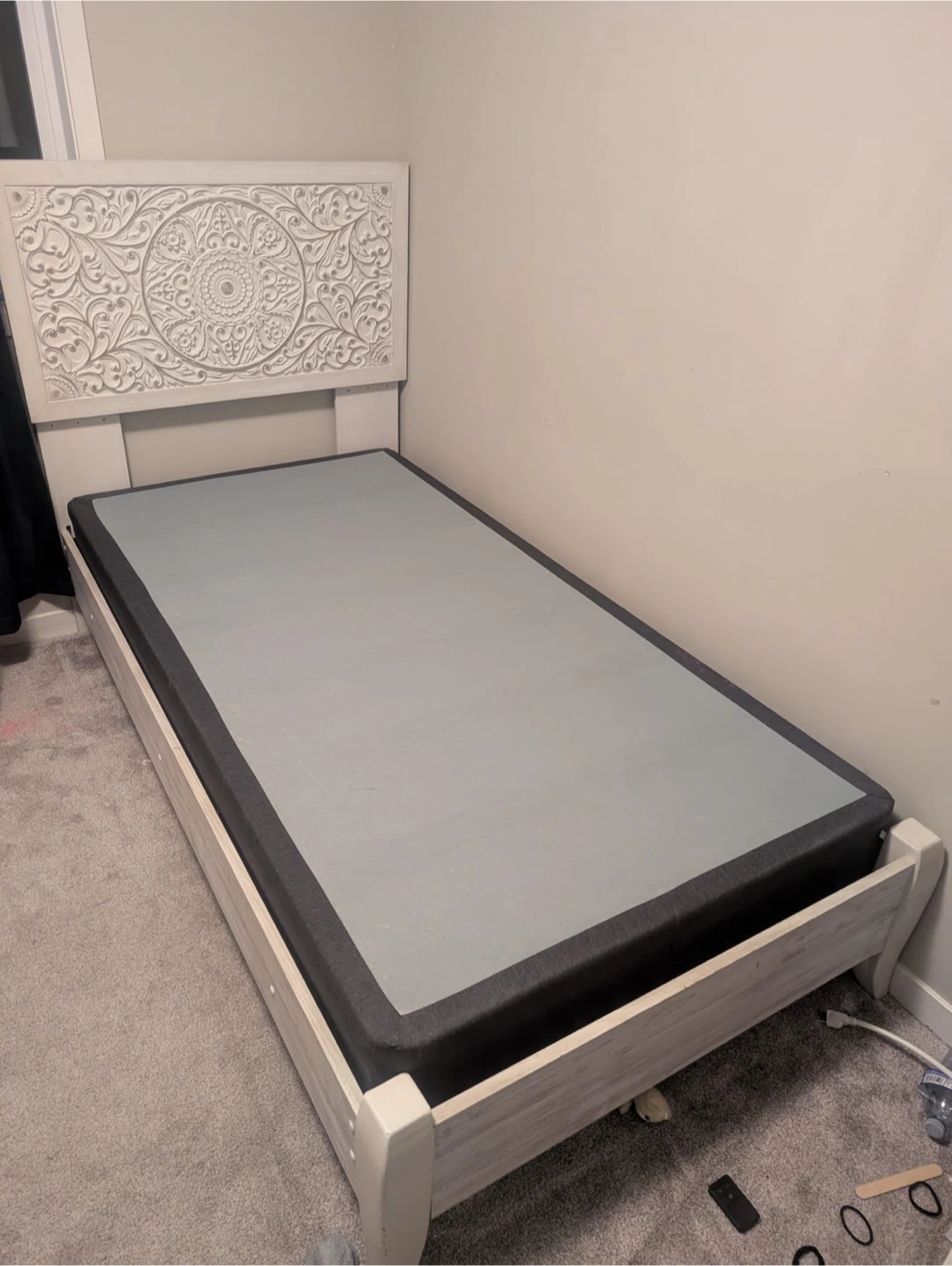 Carved Headboard Bed Frame with Box Spring