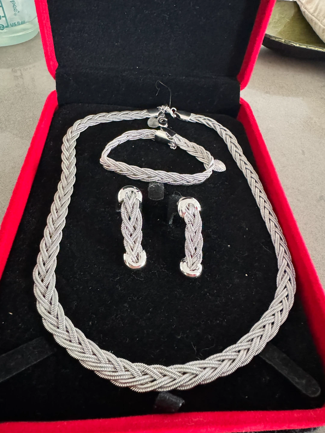 Silver-tone Braided Necklace, Bracelet, and Earrings Set