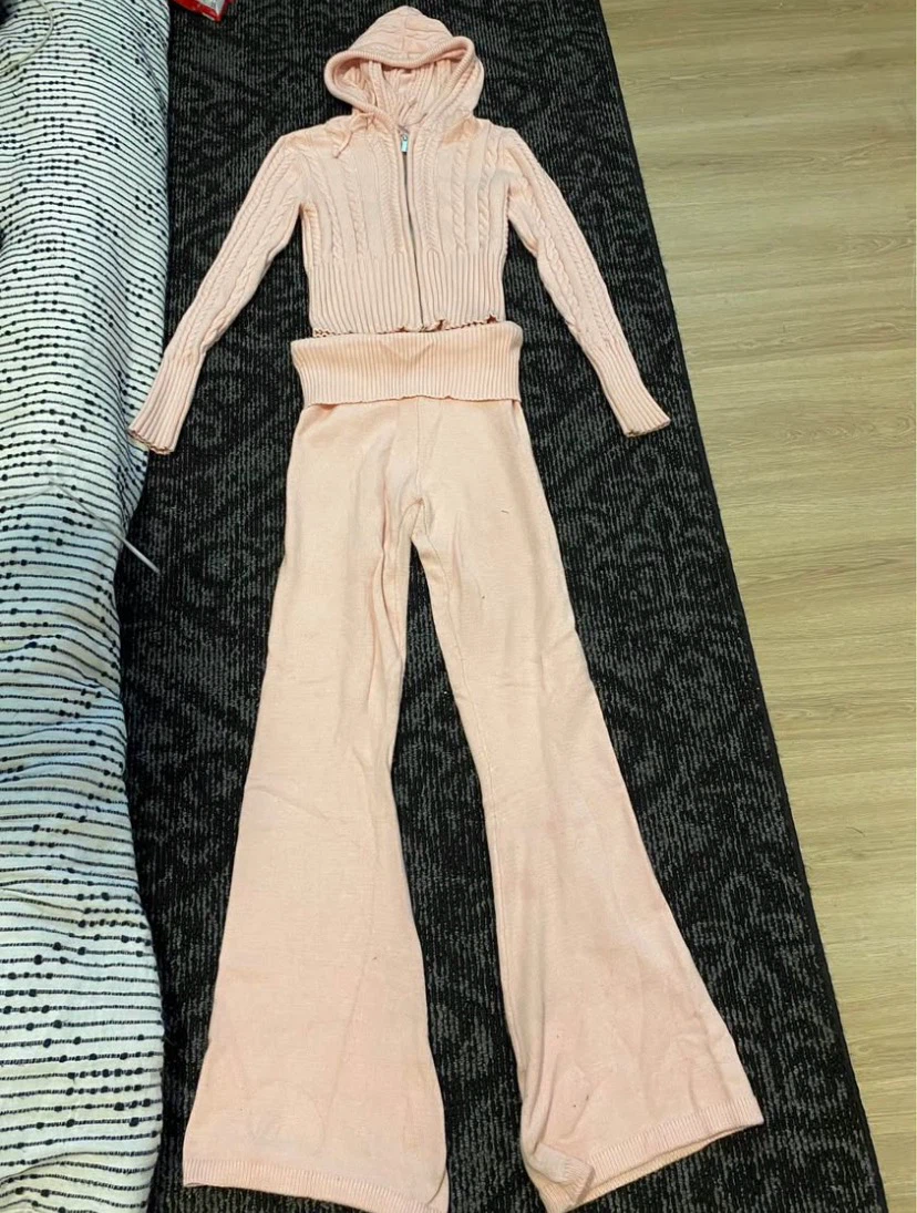 Pink Cable Knit Hoodie and Flare Pants Set