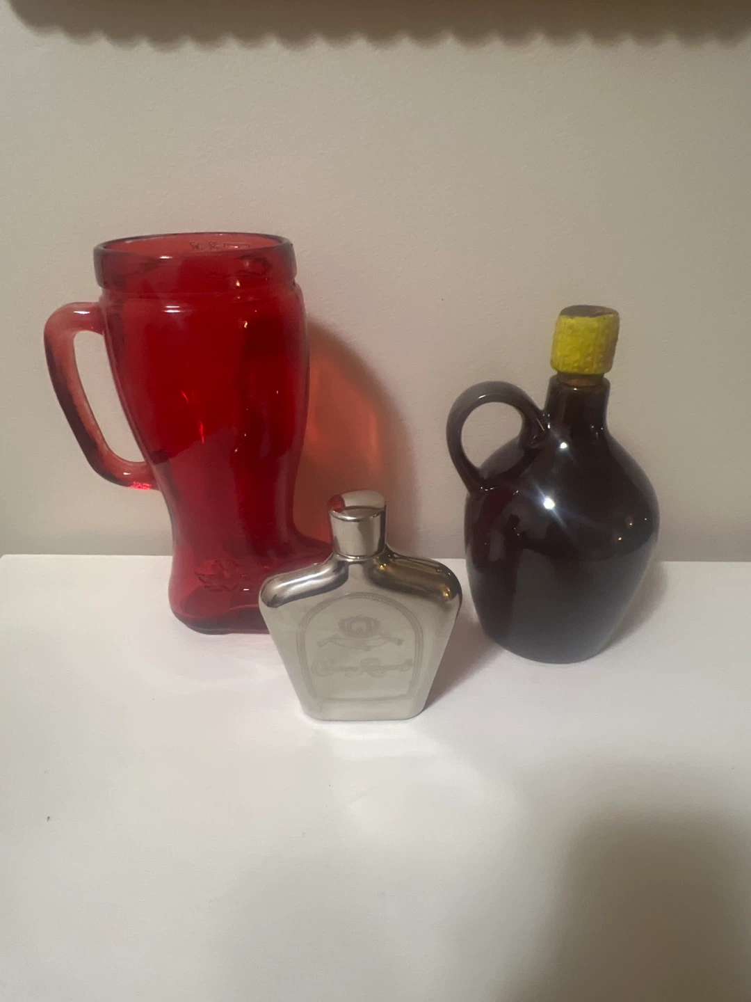 Vintage Barware Lot: Glass Boot, Brown Jug & Crown Royal Flask