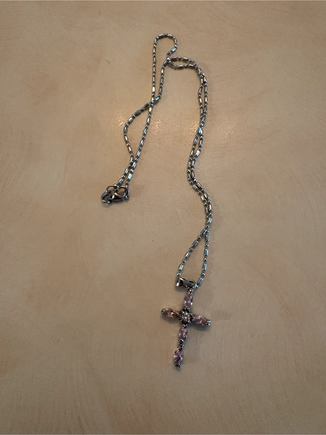 Sterling Silver Pink Stone Cross Necklace