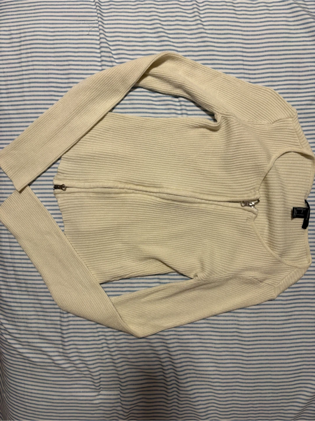 Cream Ribbed Zip-Up Sweater