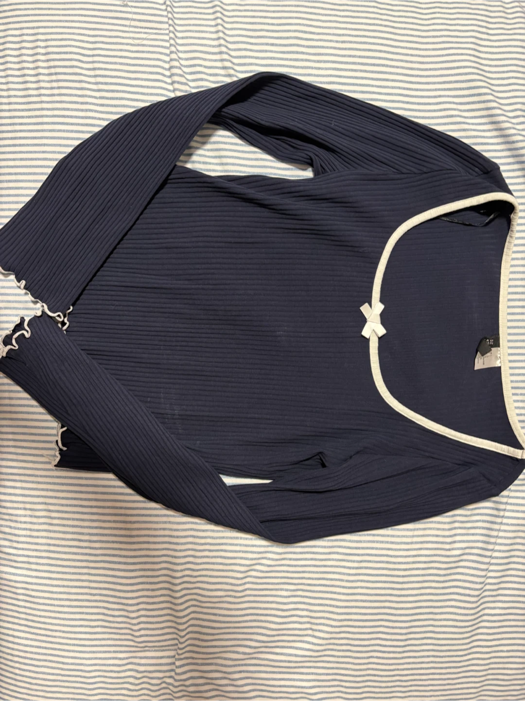 Navy Ribbed Long Sleeve Top with White Trim and Bow