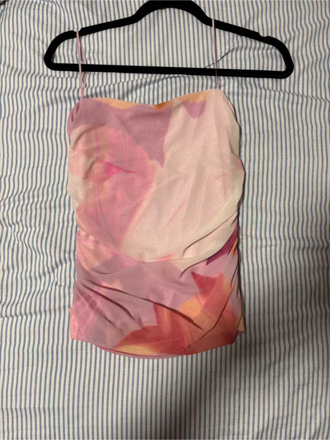 Pink Floral Ruched Mesh tube Top