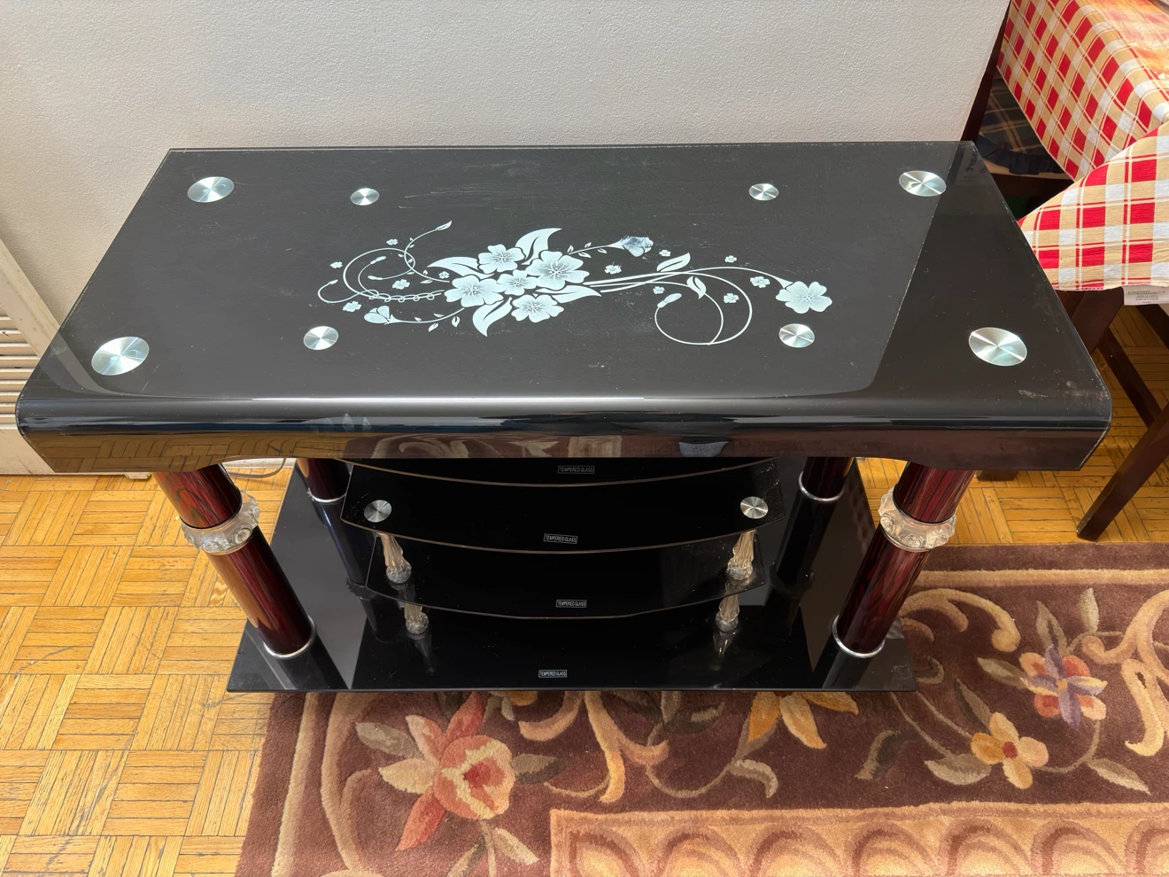 Black Glass TV Stand with Floral Design