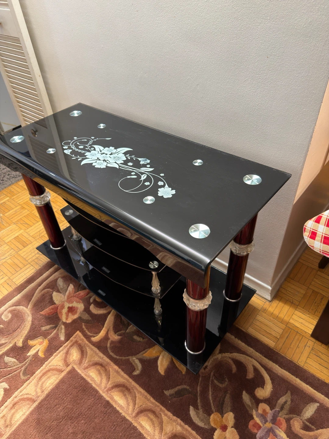 Black Glass TV Stand with Floral Design - photo 2